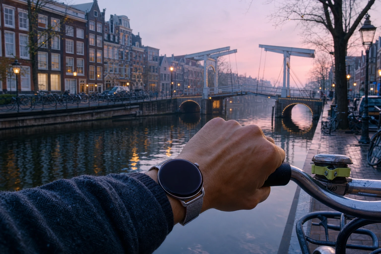 Ein Reisender schaut im Morgengrauen vom Fahrrad aus auf seine runde Uhr von Roam O'Clock, hinter ihm Amsterdams Magere Brug