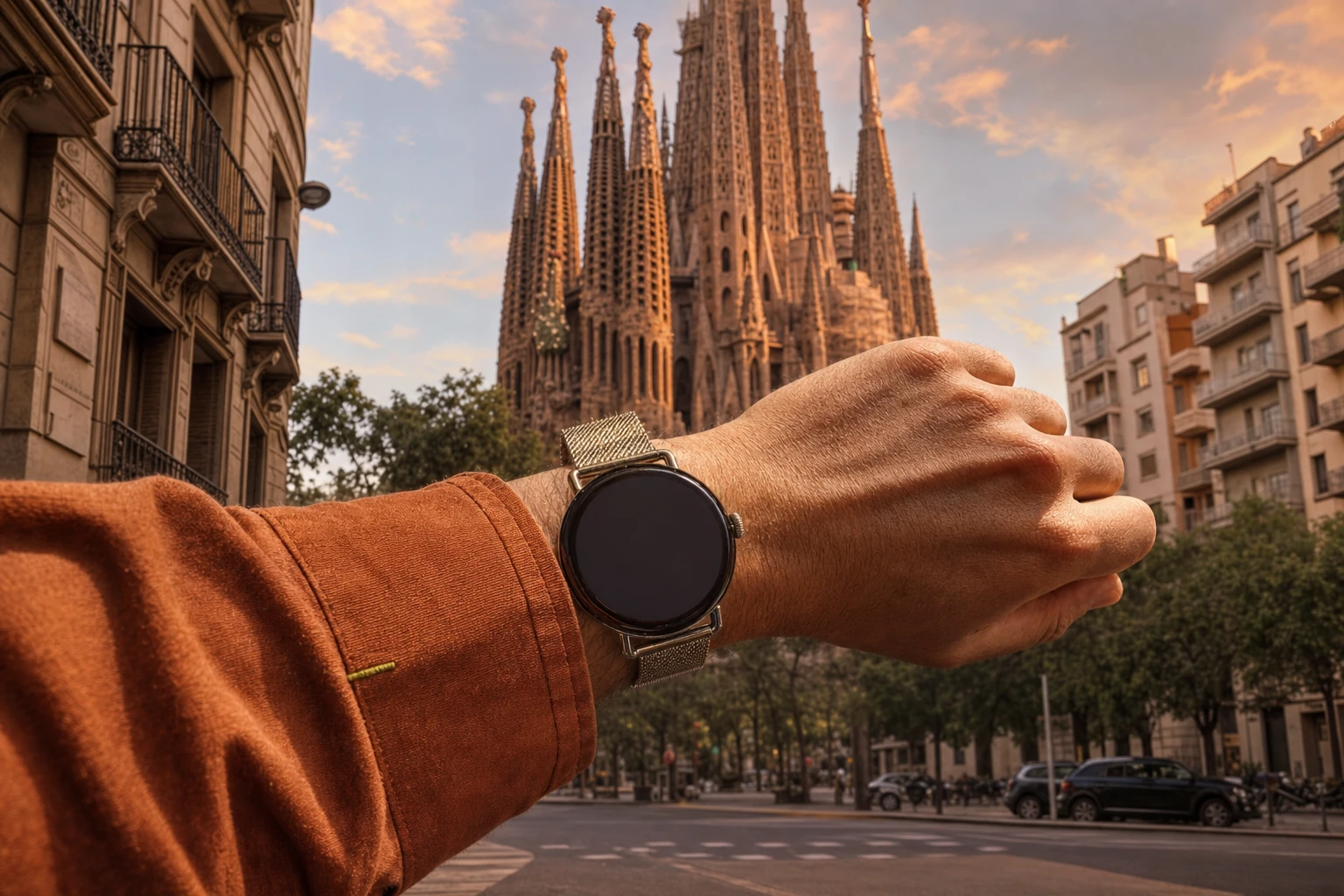 Eine Reisende schaut zur goldenen Stunde auf ihre runde Uhr von Roam O'Clock, dahinter Barcelonas Sagrada Família