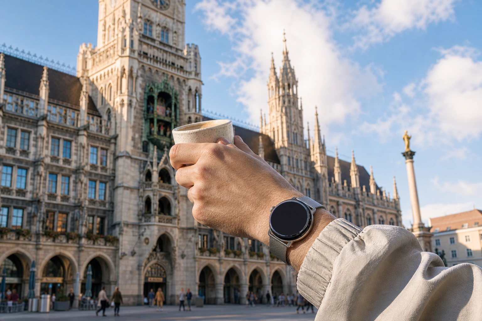 Eine Reisende hebt vor dem Neuen Rathaus in München einen Kaffee und schaut dabei auf ihre runde Uhr von Roam O'Clock