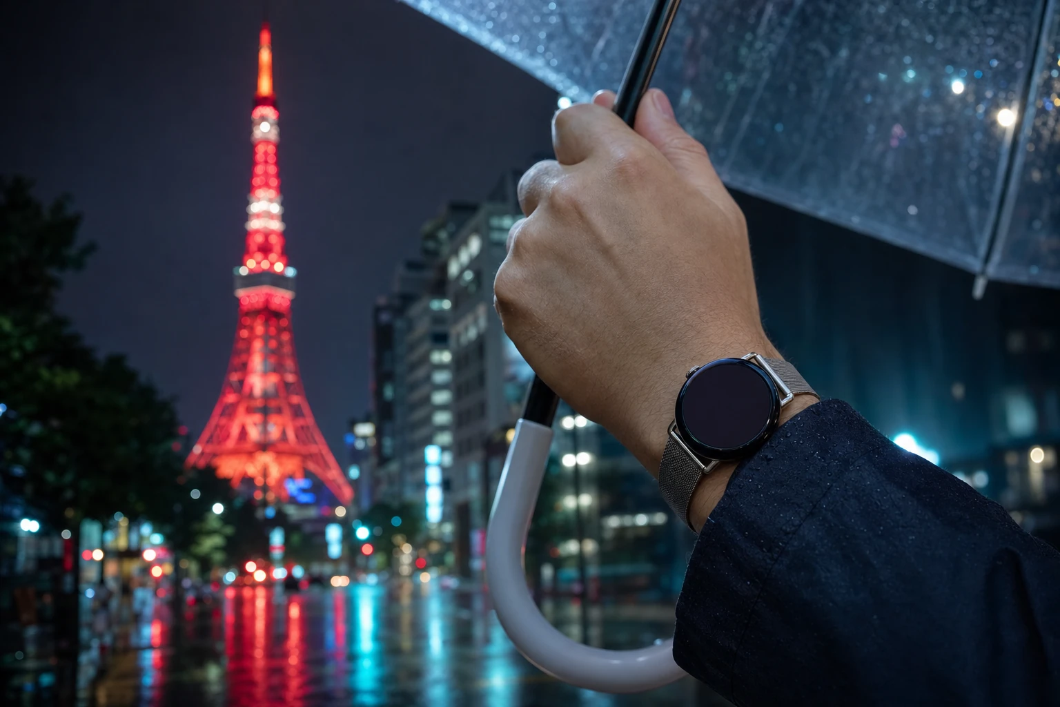Ein Reisender hält im Regen von Tokyo einen Schirm — die runde Uhr von Roam O'Clock und der beleuchtete Tokyo Tower stechen hervor